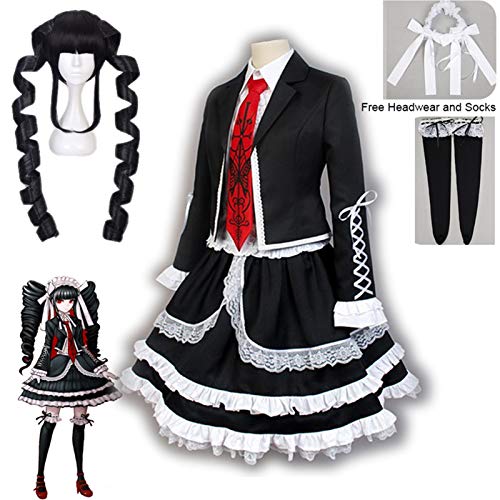 FMTZZY Disfraz de cosplay para niñas y niños Yasuhiro Taeko Cosplay Disfraz Celestia Ludenberg Pelucas Mujer Lolita Uniforme Falda Vestido de fiesta de Halloween (Color: Peluca y disfraz, Talla XL: