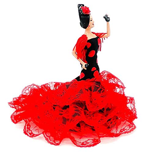 Folk Artesanía Muñeca 20 cm andaluza o Flamenca Vestido con Cola . Similar Marin Dolls. Fabricado en España (Negro Lunar Rojo)