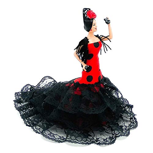 Folk Artesanía Muñeca 20 cm andaluza o Flamenca Vestido con Cola . Similar Marin Dolls. Fabricado en España (Negro Lunar Rojo)