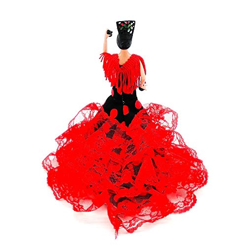 Folk Artesanía Muñeca 20 cm andaluza o Flamenca Vestido con Cola . Similar Marin Dolls. Fabricado en España (Negro Lunar Rojo)