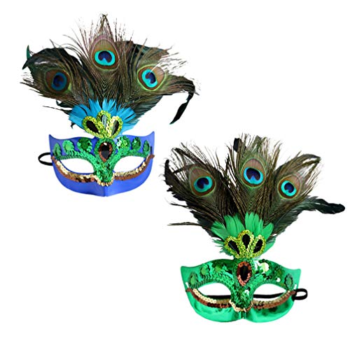 FOMIYES 2 máscaras de plumas de pavo real para mujer, con lentejuelas, cosplay veneciano, para Halloween, Carnaval, disfraz, fiesta, cosplay, Navidad