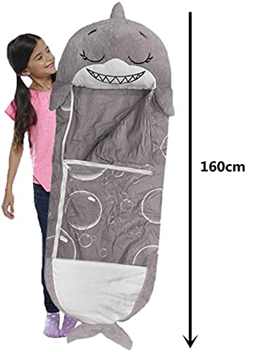 FORETTY Saco De Dormir para Niños,Saco De Dormir para Niños 2 En 1, Saco De Dormir para Bebé De Dibujos Animados Cálido Suave 4-12 Años Tiburon Gris (160 * 60)