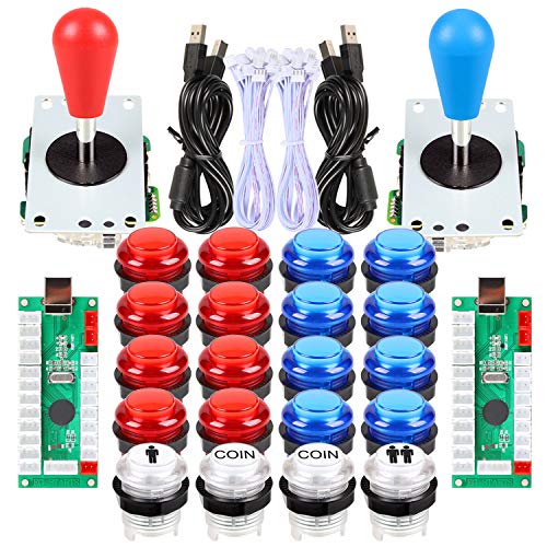 Fosiya 2 Jugadores Kit Arcade Ellipse Oval Style 8 Ways Bat Joystick + 20 Botones LED Arcade para 2 Jugadores Controladores de Videojuegos Todos Windows PC MAME Raspberry Pi 3 4 (Rojo Azul)