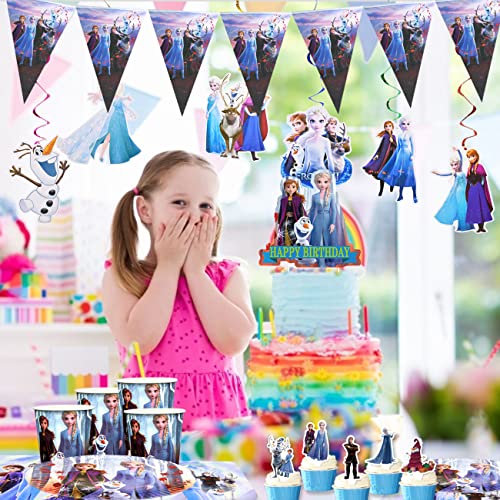 Frozen Party Supplies Miotlsy 69 Piezas Frozen Decoración Happy Birthday Party Vajilla Decoraciones de Vajilla con Pancartas, Platos, Servilletas, Manteles para Niños 10 Invitados