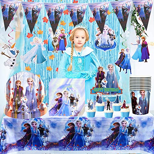 Frozen Party Supplies Miotlsy 69 Piezas Frozen Decoración Happy Birthday Party Vajilla Decoraciones de Vajilla con Pancartas, Platos, Servilletas, Manteles para Niños 10 Invitados