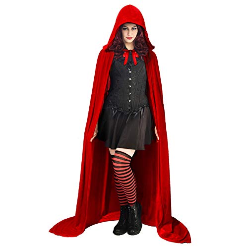 Funhoo Full Length Deluxe Velvet Cloak Cape Capa con Capucha Long Vimpire Cape para Navidad Halloween Disfraces de Cosplay Atrezzo Adulto 165cm (Rojo)