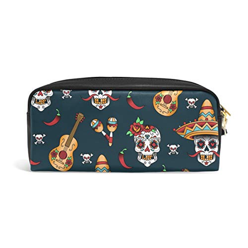 Funnyy - Estuche de piel sintética con cremallera, diseño de calavera mexicana, para guardar lápices y bolígrafos, para maquillaje, para niños y niñas, para la escuela y las mujeres