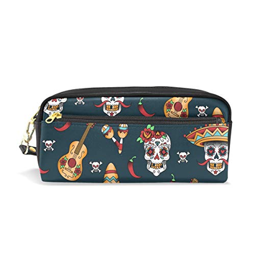 Funnyy - Estuche de piel sintética con cremallera, diseño de calavera mexicana, para guardar lápices y bolígrafos, para maquillaje, para niños y niñas, para la escuela y las mujeres