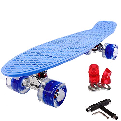 FunTomia Mini Board monopatín Skateboard 57cm - con o sin LED Ruedas - Wheel 59mmx45mm (82A) - Rodamiento ABEC-11 (Azul/Azul - con LED + T-Tool)