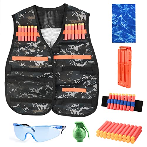 FUQUN Kit de Chaleco Táctico para Niños para Pistolas Nerf Serie N-Strike, Balas de Dardos de Recarga, Bolsa de Dardos, Clips de Recarga, Máscara Táctica, Muñequera y Gafas Protectoras para Niños