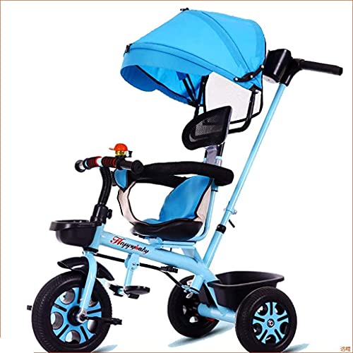 GCXLFJ Triciclo Bebe Bebé niños triciclos,Triciclo de niños 4 en 1 Cochecito Desmontable con Dosel del Asiento Giratorio 3 Ruedas Pedal Plegable Pedal Visual Strylight Pushing Manija (Color : Blue)