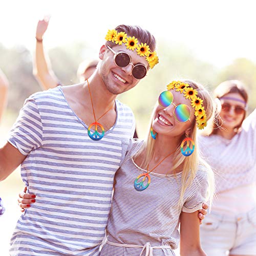 Geyoga Juego de Disfraz de Hippie 4 Piezas Incluye un Collar de Signo de Paz de Arco Iris Pendiente Diadema de Girasol y Gafas de Sol Redondas de Hippie 60s 70s Accesorios para Fiestas