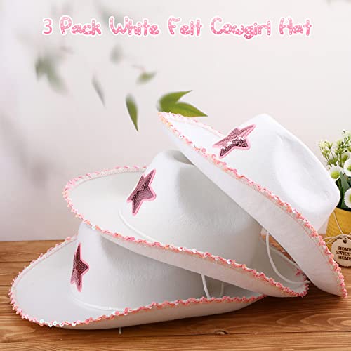 Geyoga Sombrero de Vaquera de Fieltro 3 Sombreros de Vaquero Blanco Divertido Sombrero de Disfraz con Estrella de Lentejuelas Rosa con Cordón de Cuello para Cumpleaños, 15 x 12,4 x 4,7 Pulgadas