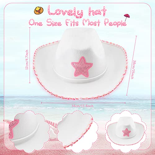 Geyoga Sombrero de Vaquera de Fieltro 3 Sombreros de Vaquero Blanco Divertido Sombrero de Disfraz con Estrella de Lentejuelas Rosa con Cordón de Cuello para Cumpleaños, 15 x 12,4 x 4,7 Pulgadas