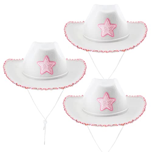 Geyoga Sombrero de Vaquera de Fieltro 3 Sombreros de Vaquero Blanco Divertido Sombrero de Disfraz con Estrella de Lentejuelas Rosa con Cordón de Cuello para Cumpleaños, 15 x 12,4 x 4,7 Pulgadas