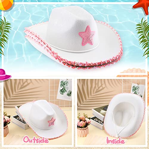 Geyoga Sombrero de Vaquera de Fieltro 3 Sombreros de Vaquero Blanco Divertido Sombrero de Disfraz con Estrella de Lentejuelas Rosa con Cordón de Cuello para Cumpleaños, 15 x 12,4 x 4,7 Pulgadas