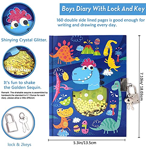 GINMLYDA Diario con cerraduras para niñas y niños, diseño de dinosaur Shakable Sequin Journal Secret Lock Diary Notebook for Kids...