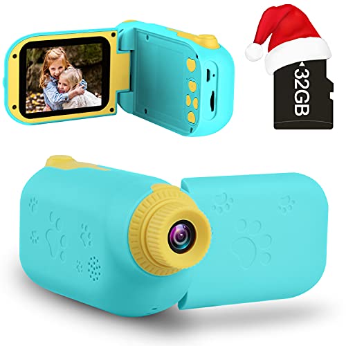 GKTZ Cámara de Video para niños - Cámara Digital Videocámara Regalos de cumpleaños para niñas de 3 4 5 6 7 8 9, Grabadora de Video para niños para niños pequeños con Tarjeta SD de 32 GB - Azul