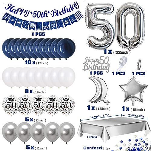 Globos Cumpleaños 50 Años Hombres, Decoraciones de Cumpleaños Azul Plata 50er Cumpleaños con Pancarta Feliz Cumpleaños Globo Numero 50 para Adultos Decoración de Fiesta