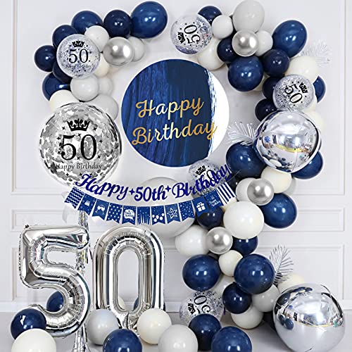 Globos Cumpleaños 50 Años Hombres, Decoraciones de Cumpleaños Azul Plata 50er Cumpleaños con Pancarta Feliz Cumpleaños Globo Numero 50 para Adultos Decoración de Fiesta