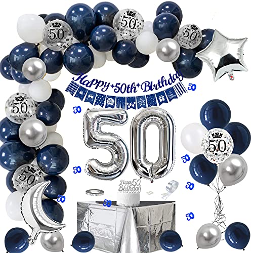 Globos Cumpleaños 50 Años Hombres, Decoraciones de Cumpleaños Azul Plata 50er Cumpleaños con Pancarta Feliz Cumpleaños Globo Numero 50 para Adultos Decoración de Fiesta