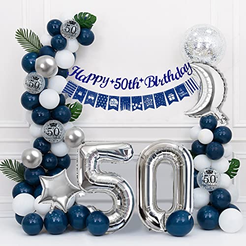 Globos Cumpleaños 50 Años Hombres, Decoraciones de Cumpleaños Azul Plata 50er Cumpleaños con Pancarta Feliz Cumpleaños Globo Numero 50 para Adultos Decoración de Fiesta