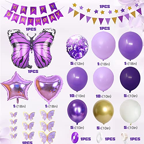 Globos de Cumpleaños,Púrpura Mariposa Decoracion Cumpleaños Niñas con Banner de Feliz Cumpleaños Feliz con Globos de Latex Fiesta Decoración Niñas y Mujeres con Decoración de Pastel de Mariposas