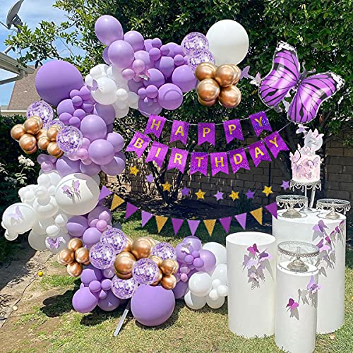 Globos de Cumpleaños,Púrpura Mariposa Decoracion Cumpleaños Niñas con Banner de Feliz Cumpleaños Feliz con Globos de Latex Fiesta Decoración Niñas y Mujeres con Decoración de Pastel de Mariposas