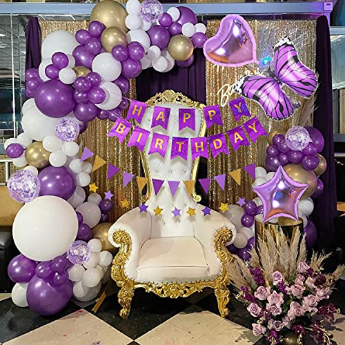 Globos de Cumpleaños,Púrpura Mariposa Decoracion Cumpleaños Niñas con Banner de Feliz Cumpleaños Feliz con Globos de Latex Fiesta Decoración Niñas y Mujeres con Decoración de Pastel de Mariposas