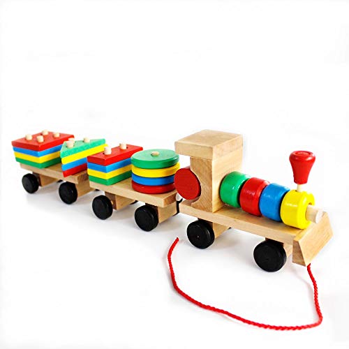 Gobus Tire a lo Largo de Madera del Coche Tren de Juguete Bloques de apilamiento Juguetes del Coche 3 sección de Coches de Madera Juegos de Bloques geométricos Juguetes educativos para los niños