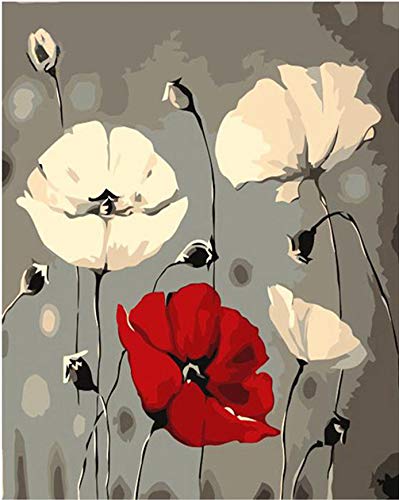 Gofission Paint by Numbers Flowers Red White Poppy, 40,6 x 50,8 cm, kit de pintura para números (flor 2, sin marco)