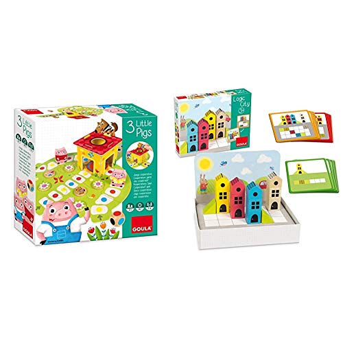 Goula - Juego Los 3 cerditos - Juego de Mesa Preescolar a Partir de 2 años + Construcción Madera Ciudad 14 pzas Puzzle Logic City (50200)