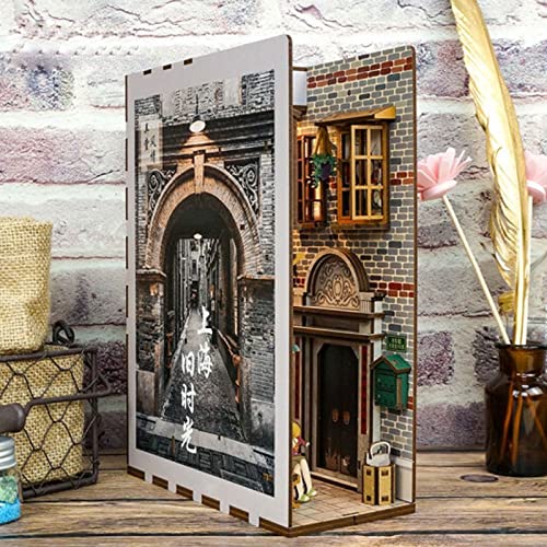 GQGQ Insertos de Rincón de Libro de Madera DIY Diagon Alley Libro De Madera Rincón con luz de Inducción LED Sujetalibros De Arte Regalos Creativos para Niños y Amigos (Color : Shanghai Ancient City)