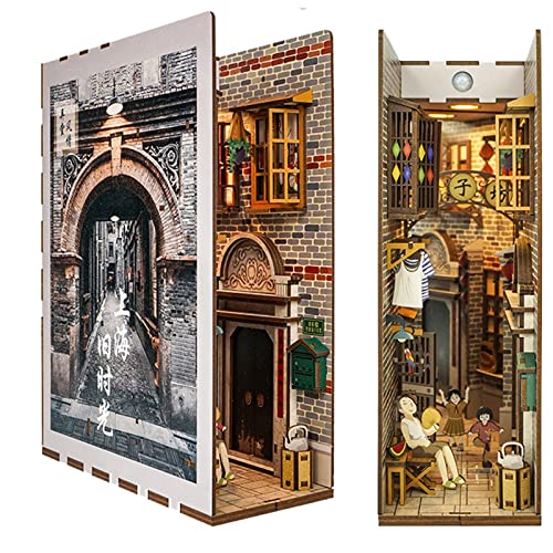 GQGQ Insertos de Rincón de Libro de Madera DIY Diagon Alley Libro De Madera Rincón con luz de Inducción LED Sujetalibros De Arte Regalos Creativos para Niños y Amigos (Color : Shanghai Ancient City)