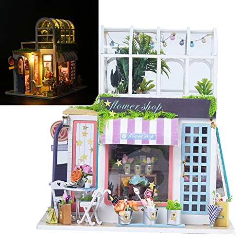 Greensen Kit De Casa De Muñecas, Modelo De Tienda De Flores En Miniatura, Divertido Bricolaje Juguetón con Luz LED para Niña para Niños, Casa De Juegos para Niño