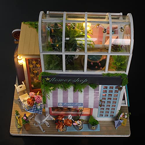 Greensen Kit De Casa De Muñecas, Modelo De Tienda De Flores En Miniatura, Divertido Bricolaje Juguetón con Luz LED para Niña para Niños, Casa De Juegos para Niño