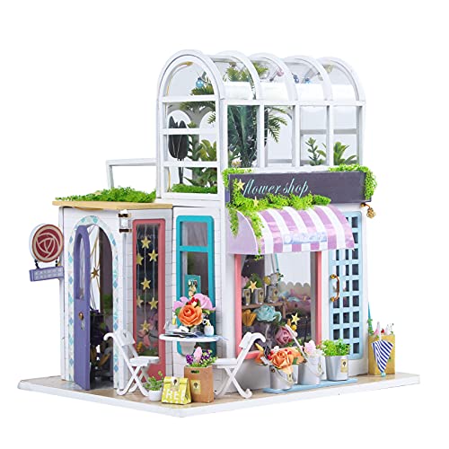 Greensen Kit De Casa De Muñecas, Modelo De Tienda De Flores En Miniatura, Divertido Bricolaje Juguetón con Luz LED para Niña para Niños, Casa De Juegos para Niño