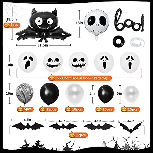 Guirnalda de globos para decoración de Halloween, color blanco y negro con murciélago decorativo para Halloween