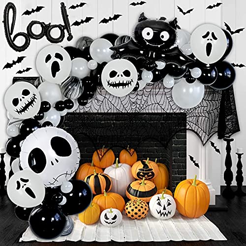 Guirnalda de globos para decoración de Halloween, color blanco y negro con murciélago decorativo para Halloween