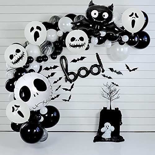 Guirnalda de globos para decoración de Halloween, color blanco y negro con murciélago decorativo para Halloween