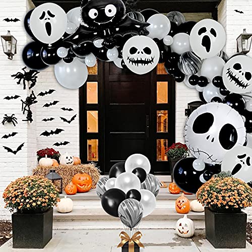 Guirnalda de globos para decoración de Halloween, color blanco y negro con murciélago decorativo para Halloween