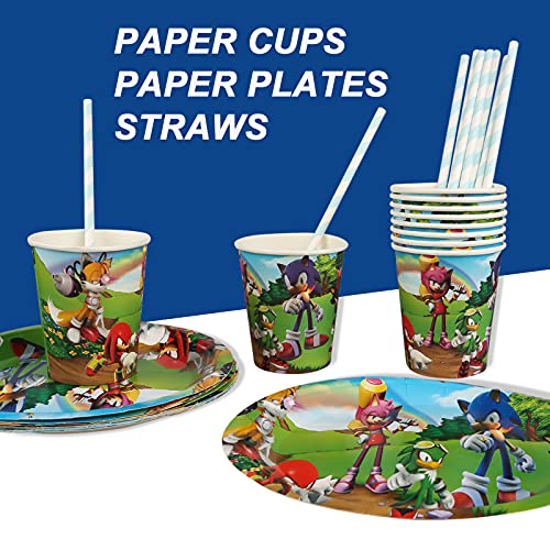 Gxhong Decoración de Mesa de Cumpleaños para Niños Sonic Vajilla De Fiesta Temática Cumpleaños Decoracion, Platos Tazas Servilletas Manteles Pajitas, para Sonic Party Supplies, 52 Piezas