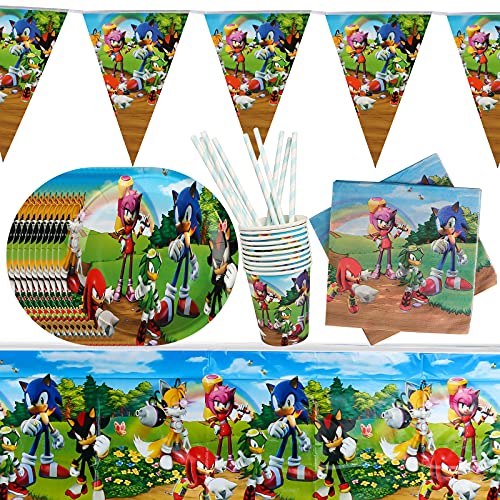 Gxhong Decoración de Mesa de Cumpleaños para Niños Sonic Vajilla De Fiesta Temática Cumpleaños Decoracion, Platos Tazas Servilletas Manteles Pajitas, para Sonic Party Supplies, 52 Piezas