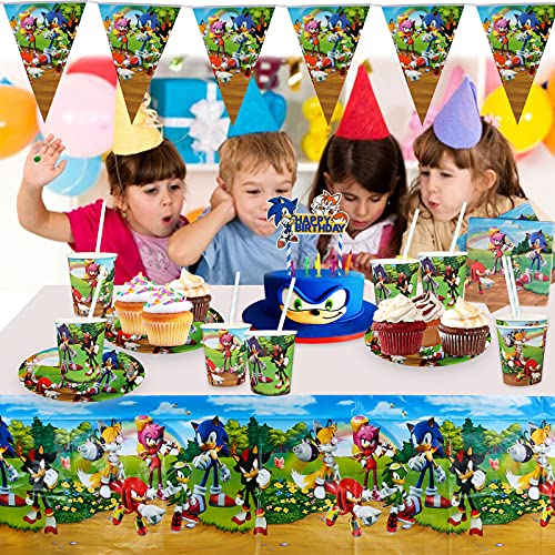 Gxhong Decoración de Mesa de Cumpleaños para Niños Sonic Vajilla De Fiesta Temática Cumpleaños Decoracion, Platos Tazas Servilletas Manteles Pajitas, para Sonic Party Supplies, 52 Piezas