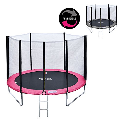 Happy Garden Pack Premium Cama elástica 245cm Reversible Color Gris/Rosa Canberra + Red de Seguridad, Escalera, Lona y Kit de Anclaje