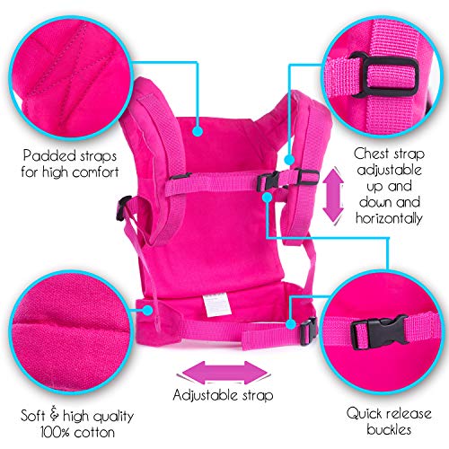 HappyVk - Portabebés para niños - con bonito bordado de gatito. Además de una pulsera reversible de lentejuelas. Se adapta a muñecas o animales de peluche de hasta 24 pulgadas, delantera y trasera