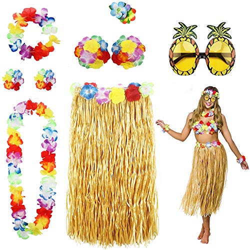 Hawaiana Falda,Falda de Hierba Hula Hawaiana 8 Piezas Hawaiana Disfraces Falda con Collar Pulsera Diadema Sujetador de Flor Clip de Pelo y Gafas de Sol de Piña para Niñas Mujeres Luau Beach Party