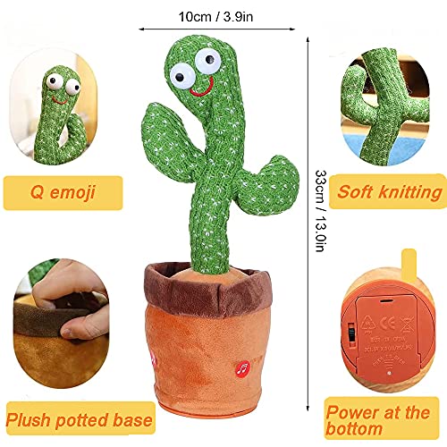 Heionia Cactus Bailarín Juguetes de Peluche Cactus Dancing Toy 120 Caciones Juguete Electrónico Cactus que Habla Repite Creativo Regalos Cumpleaños Ninos|Cantar+Bailar+Repetir+LED|(A-USB)