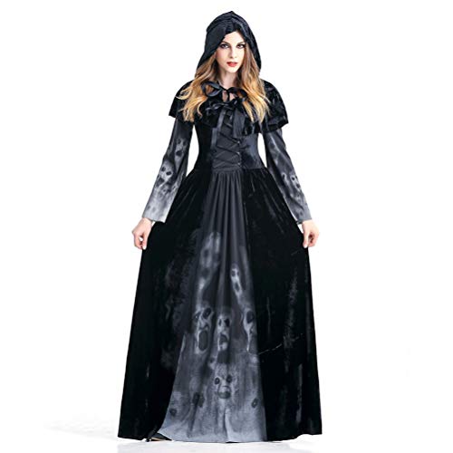 HEITIGN Disfraz De Bruja De Halloween, Vestido De Encaje De Capa Delgada Vestido De Manga Larga De Novia Fantasma Vampiro, Abrigo con Capucha Disfraces De Bruja para Fiesta Cosplay Fancy Ladies, S