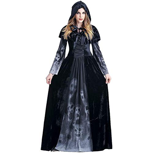 HEITIGN Disfraz De Bruja De Halloween, Vestido De Encaje De Capa Delgada Vestido De Manga Larga De Novia Fantasma Vampiro, Abrigo con Capucha Disfraces De Bruja para Fiesta Cosplay Fancy Ladies, S